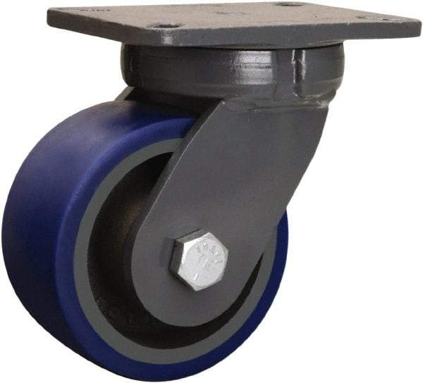 Hamilton - 6" Diam x 3" Wide x 8" OAH Top Plate Mount Swivel Caster - Polyurethane Mold onto Cast Iron Center, 1,800 Lb Capacity, Precision Tapered Roller Bearing, 5-1/4 x 7-1/4" Plate - Exact Tool & Supply