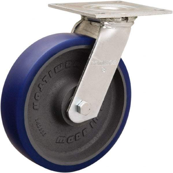 Hamilton - 8" Diam x 2" Wide x 9-1/2" OAH Top Plate Mount Swivel Caster - Polyurethane Mold onto Cast Iron Center, 900 Lb Capacity, Sealed Precision Ball Bearing, 5 x 5-1/2" Plate - Exact Tool & Supply
