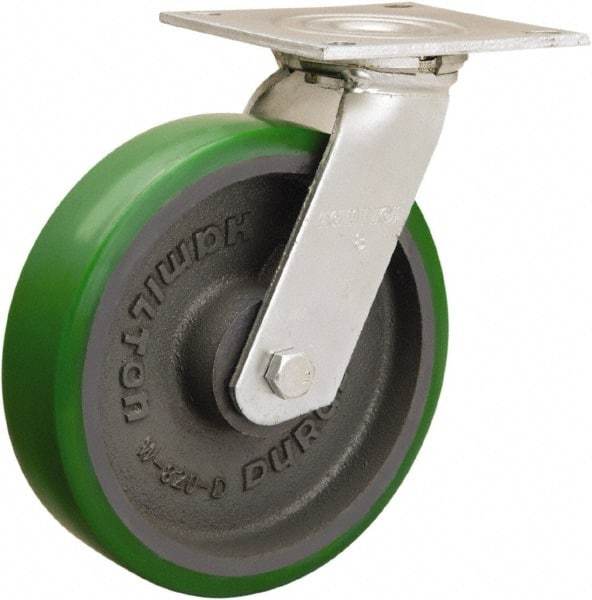 Hamilton - 8" Diam x 2" Wide x 9-1/2" OAH Top Plate Mount Swivel Caster - Polyurethane Mold onto Cast Iron Center, 900 Lb Capacity, Sealed Precision Ball Bearing, 5 x 5-1/2" Plate - Exact Tool & Supply