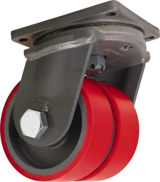 Hamilton - 10" Diam x 3" Wide x 13" OAH Top Plate Mount Dual Swivel Caster - Polyurethane Mold on Forged Steel, 7,200 Lb Capacity, Tapered Roller Bearing, 8-1/2 x 8-1/2" Plate - Exact Tool & Supply