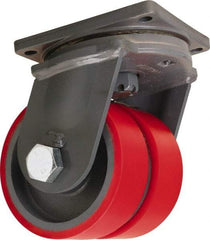 Hamilton - 10" Diam x 3" Wide x 13" OAH Top Plate Mount Dual Swivel Caster - Polyurethane Mold on Forged Steel, 7,200 Lb Capacity, Tapered Roller Bearing, 8-1/2 x 8-1/2" Plate - Exact Tool & Supply