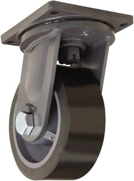 Hamilton - 10" Diam x 4" Wide x 13" OAH Top Plate Mount Swivel Caster - Polyurethane Mold on Forged Steel, 6,500 Lb Capacity, Tapered Roller Bearing, 8-1/2 x 8-1/2" Plate - Exact Tool & Supply