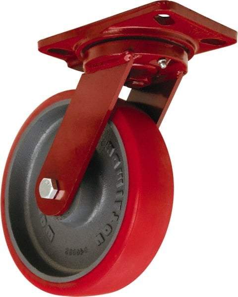 Hamilton - 8" Diam x 2" Wide x 9-3/4" OAH Top Plate Mount Swivel Caster - Polyurethane Mold onto Cast Iron Center, 1,800 Lb Capacity, Tapered Roller Bearing, 4-1/2 x 6-1/2" Plate - Exact Tool & Supply