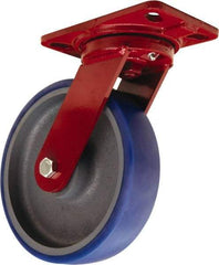 Hamilton - 8" Diam x 2" Wide x 9-3/4" OAH Top Plate Mount Swivel Caster - Polyurethane Mold onto Cast Iron Center, 1,200 Lb Capacity, Tapered Roller Bearing, 4-1/2 x 6-1/2" Plate - Exact Tool & Supply