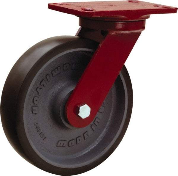 Hamilton - 8" Diam x 2" Wide x 9-3/4" OAH Top Plate Mount Swivel Caster - Polyurethane Mold onto Cast Iron Center, 1,950 Lb Capacity, Sealed Precision Ball Bearing, 4-1/2 x 6-1/2" Plate - Exact Tool & Supply