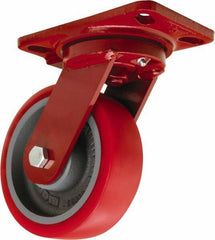 Hamilton - 6" Diam x 2" Wide x 7-3/4" OAH Top Plate Mount Swivel Caster - Polyurethane Mold on Forged Steel, 1,400 Lb Capacity, Sealed Precision Ball Bearing, 4-1/2 x 6-1/2" Plate - Exact Tool & Supply