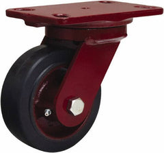 Hamilton - 5" Diam x 2" Wide x 6-3/4" OAH Top Plate Mount Swivel Caster - Rubber Mold on Cast Iron, 350 Lb Capacity, Straight Roller Bearing, 4-1/2 x 6-1/2" Plate - Exact Tool & Supply