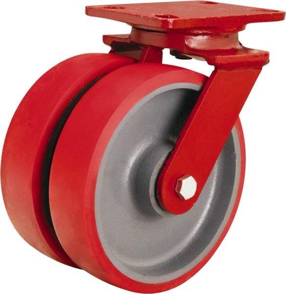 Hamilton - 8" Diam x 2" Wide x 9-3/4" OAH Top Plate Mount Swivel Caster - Polyurethane Mold onto Cast Iron Center, 2,500 Lb Capacity, Sealed Precision Ball Bearing, 4-1/2 x 6-1/2" Plate - Exact Tool & Supply