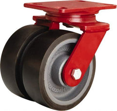 Hamilton - 6" Diam x 2" Wide x 7-3/4" OAH Top Plate Mount Swivel Caster - Polyurethane Mold onto Cast Iron Center, 2,500 Lb Capacity, Sealed Precision Ball Bearing, 4-1/2 x 6-1/2" Plate - Exact Tool & Supply