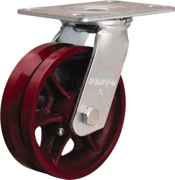 Hamilton - 6" Diam x 2" Wide, Iron Swivel Caster - 900 Lb Capacity, Top Plate Mount, 4-1/2" x 6-1/2" Plate, Straight Roller Bearing - Exact Tool & Supply