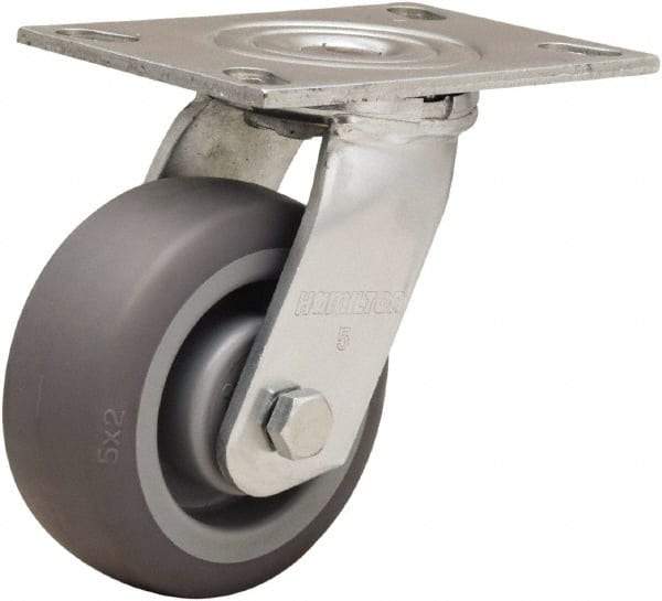 Hamilton - 5" Diam x 2" Wide x 6-1/2" OAH Top Plate Mount Swivel Caster - Rubber Mold on Polyolefin, 350 Lb Capacity, Straight Roller Bearing, 4-1/2 x 6-1/4" Plate - Exact Tool & Supply