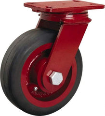Hamilton - 8" Diam x 2-1/2" Wide x 10-1/8" OAH Top Plate Mount Swivel Caster - Rubber Mold on Cast Iron, 670 Lb Capacity, Tapered Roller Bearing, 4-1/2 x 6-1/2" Plate - Exact Tool & Supply