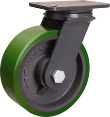 Hamilton - 8" Diam x 3" Wide x 10-1/4" OAH Top Plate Mount Swivel Caster - Polyurethane Mold onto Cast Iron Center, 2,400 Lb Capacity, Sealed Precision Ball Bearing, 4-1/2 x 6-1/2" Plate - Exact Tool & Supply