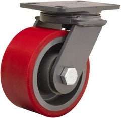 Hamilton - 6" Diam x 3" Wide x 7-3/4" OAH Top Plate Mount Swivel Caster - Polyurethane Mold onto Cast Iron Center, 2,400 Lb Capacity, Tapered Roller Bearing, 4-1/2 x 6-1/2" Plate - Exact Tool & Supply