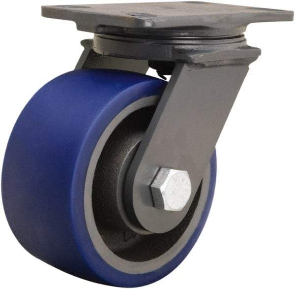 Hamilton - 6" Diam x 3" Wide x 7-3/4" OAH Top Plate Mount Swivel Caster - Polyurethane Mold onto Cast Iron Center, 1,800 Lb Capacity, Tapered Roller Bearing, 4-1/2 x 6-1/2" Plate - Exact Tool & Supply