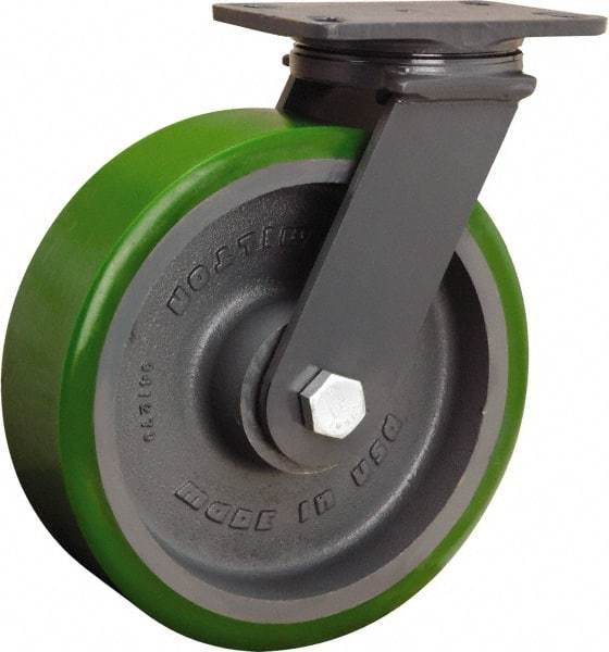 Hamilton - 10" Diam x 3" Wide x 12-1/16" OAH Top Plate Mount Swivel Caster - Polyurethane Mold onto Cast Iron Center, 2,400 Lb Capacity, Tapered Roller Bearing, 4-1/2 x 6-1/2" Plate - Exact Tool & Supply