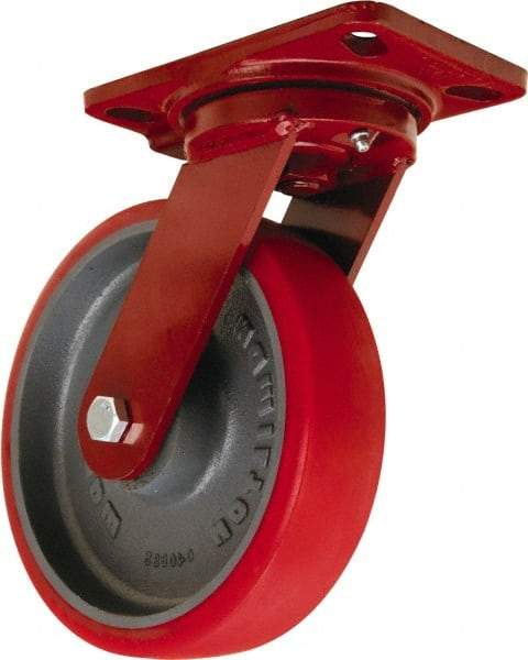 Hamilton - 8" Diam x 2" Wide x 9-3/4" OAH Top Plate Mount Swivel Caster - Polyurethane Mold onto Cast Iron Center, 1,800 Lb Capacity, Tapered Roller Bearing, 4-1/2 x 6-1/2" Plate - Exact Tool & Supply
