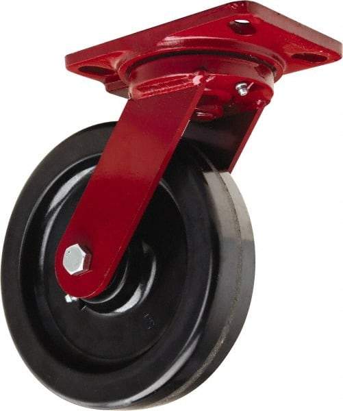 Hamilton - 8" Diam x 2" Wide x 9-3/4" OAH Top Plate Mount Swivel Caster - Phenolic, 1,400 Lb Capacity, Straight Roller Bearing, 4-1/2 x 6-1/2" Plate - Exact Tool & Supply