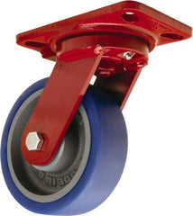 Hamilton - 6" Diam x 2" Wide x 7-3/4" OAH Top Plate Mount Swivel Caster - Polyurethane Mold onto Cast Iron Center, 960 Lb Capacity, Sealed Precision Ball Bearing, 4-1/2 x 6-1/2" Plate - Exact Tool & Supply