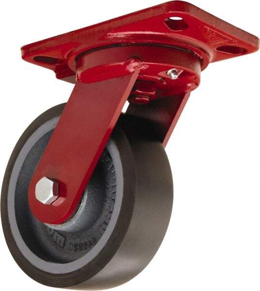 Hamilton - 6" Diam x 2" Wide x 7-3/4" OAH Top Plate Mount Swivel Caster - Polyurethane Mold onto Cast Iron Center, 1,560 Lb Capacity, Tapered Roller Bearing, 4-1/2 x 6-1/2" Plate - Exact Tool & Supply
