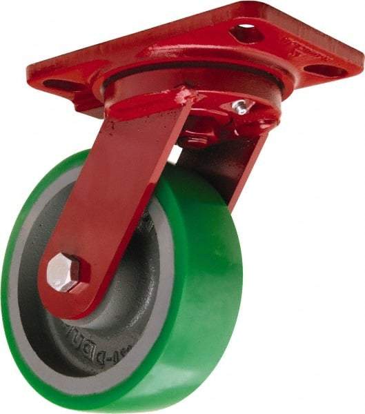 Hamilton - 6" Diam x 2" Wide x 7-3/4" OAH Top Plate Mount Swivel Caster - Polyurethane Mold onto Cast Iron Center, 1,200 Lb Capacity, Tapered Roller Bearing, 4-1/2 x 6-1/2" Plate - Exact Tool & Supply
