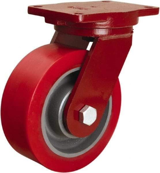 Hamilton - 8" Diam x 3" Wide x 10-1/2" OAH Top Plate Mount Swivel Caster - Polyurethane Mold on Forged Steel, 3,000 Lb Capacity, Sealed Precision Ball Bearing, 6-1/8 x 7-1/2" Plate - Exact Tool & Supply