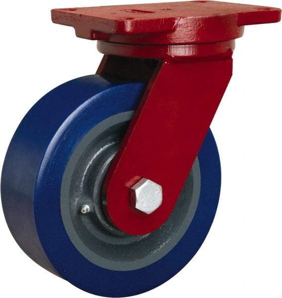 Hamilton - 8" Diam x 3" Wide x 10-1/2" OAH Top Plate Mount Swivel Caster - Polyurethane Mold on Forged Steel, 3,500 Lb Capacity, Tapered Roller Bearing, 6-1/8 x 7-1/2" Plate - Exact Tool & Supply