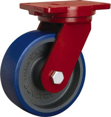 Hamilton - 8" Diam x 3" Wide x 10-1/2" OAH Top Plate Mount Swivel Caster - Polyurethane Mold onto Cast Iron Center, 2,000 Lb Capacity, Precision Tapered Roller Bearing, 6-1/8 x 7-1/2" Plate - Exact Tool & Supply
