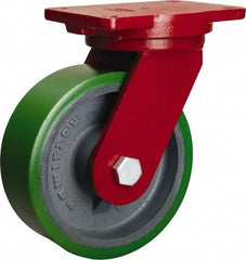 Hamilton - 8" Diam x 2-1/2" Wide x 10-1/2" OAH Top Plate Mount Swivel Caster - Polyurethane Mold onto Cast Iron Center, 2,000 Lb Capacity, Tapered Roller Bearing, 6-1/8 x 7-1/2" Plate - Exact Tool & Supply