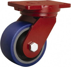 Hamilton - 6" Diam x 3" Wide x 8-1/2" OAH Top Plate Mount Swivel Caster - Polyurethane Mold onto Cast Iron Center, 1,800 Lb Capacity, Precision Tapered Roller Bearing, 6-1/8 x 7-1/2" Plate - Exact Tool & Supply