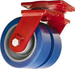 Hamilton - 8" Diam x 3" Wide x 10-1/2" OAH Top Plate Mount Dual Swivel Caster - Polyurethane Mold on Forged Steel, 7,000 Lb Capacity, Tapered Roller Bearing, 6-1/8 x 7-1/2" Plate - Exact Tool & Supply