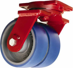 Hamilton - 12" Diam x 3" Wide x 14-1/2" OAH Top Plate Mount Dual Swivel Caster - Polyurethane Mold onto Cast Iron Center, 4,000 Lb Capacity, Sealed Precision Ball Bearing, 6-1/8 x 7-1/2" Plate - Exact Tool & Supply