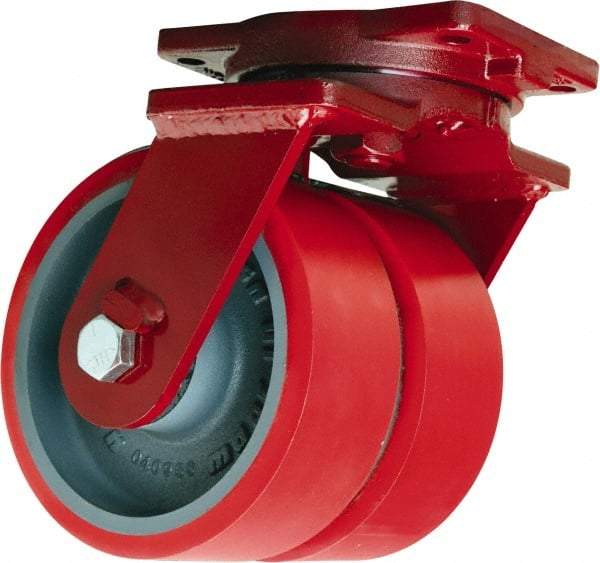 Hamilton - 12" Diam x 3" Wide x 14-1/2" OAH Top Plate Mount Dual Swivel Caster - Polyurethane Mold on Forged Steel, 7,000 Lb Capacity, Sealed Precision Ball Bearing, 6-1/8 x 7-1/2" Plate - Exact Tool & Supply