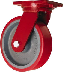 Hamilton - 10" Diam x 3" Wide x 12-1/2" OAH Top Plate Mount Swivel Caster - Polyurethane Mold on Forged Steel, 3,600 Lb Capacity, Tapered Roller Bearing, 6-1/8 x 7-1/2" Plate - Exact Tool & Supply