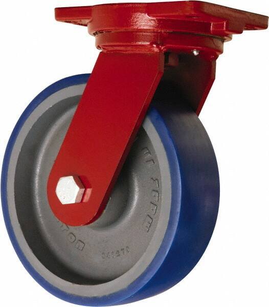 Hamilton - 10" Diam x 3" Wide x 12-1/2" OAH Top Plate Mount Swivel Caster - Polyurethane Mold onto Cast Iron Center, 2,400 Lb Capacity, Sealed Precision Ball Bearing, 6-1/8 x 7-1/2" Plate - Exact Tool & Supply