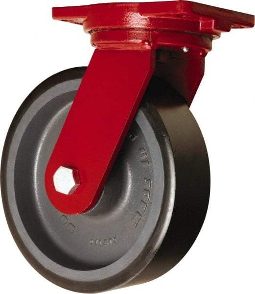 Hamilton - 10" Diam x 3" Wide x 12-1/2" OAH Top Plate Mount Swivel Caster - Polyurethane Mold onto Cast Iron Center, 3,900 Lb Capacity, Tapered Roller Bearing, 6-1/8 x 7-1/2" Plate - Exact Tool & Supply