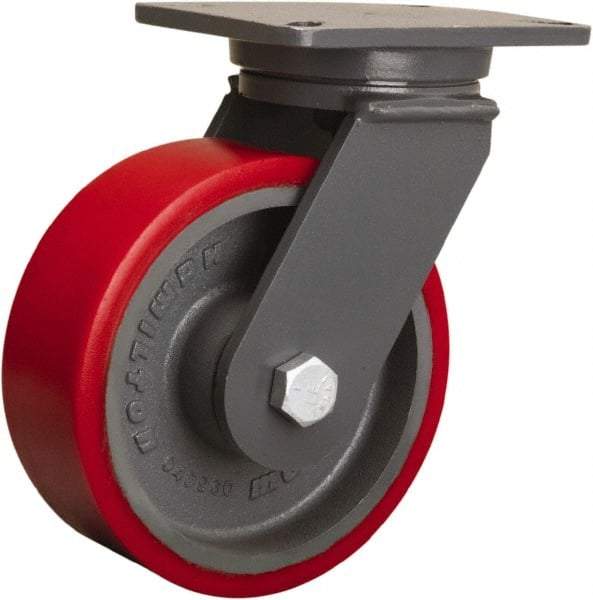 Hamilton - 8" Diam x 3" Wide x 10-1/2" OAH Top Plate Mount Swivel Caster - Polyurethane Mold onto Cast Iron Center, 4,000 Lb Capacity, Tapered Roller Bearing, 5-1/4 x 7-1/4" Plate - Exact Tool & Supply