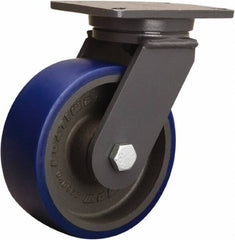 Hamilton - 8" Diam x 3" Wide x 10-1/2" OAH Top Plate Mount Swivel Caster - Polyurethane Mold onto Cast Iron Center, 2,000 Lb Capacity, Tapered Roller Bearing, 5-1/4 x 7-1/4" Plate - Exact Tool & Supply