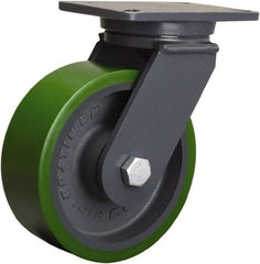 Hamilton - 8" Diam x 3" Wide x 10-1/2" OAH Top Plate Mount Swivel Caster - Polyurethane Mold onto Cast Iron Center, 2,500 Lb Capacity, Tapered Roller Bearing, 5-1/4 x 7-1/4" Plate - Exact Tool & Supply