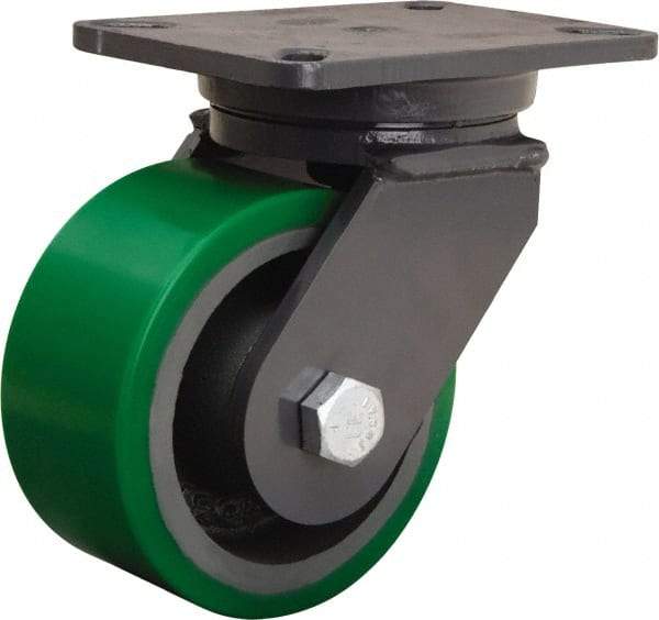 Hamilton - 6" Diam x 3" Wide x 8" OAH Top Plate Mount Swivel Caster - Polyurethane Mold onto Cast Iron Center, 2,200 Lb Capacity, Tapered Roller Bearing, 5-1/4 x 7-1/4" Plate - Exact Tool & Supply