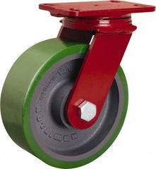 Hamilton - 8" Diam x 3" Wide x 10-1/8" OAH Top Plate Mount Swivel Caster - Polyurethane Mold onto Cast Iron Center, 2,200 Lb Capacity, Sealed Precision Ball Bearing, 4-1/2 x 6-1/2" Plate - Exact Tool & Supply