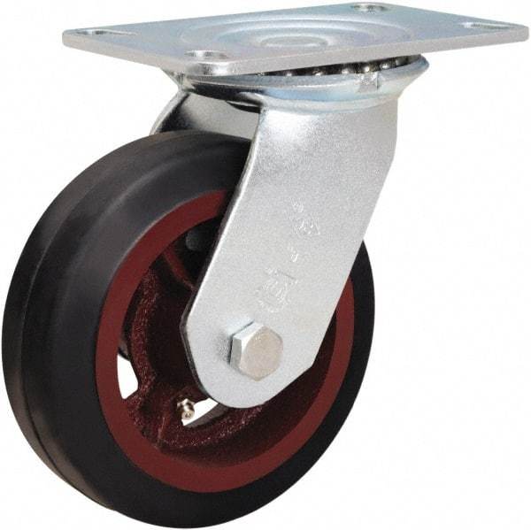 Hamilton - 6" Diam x 2" Wide x 7-1/2" OAH Top Plate Mount Swivel Caster - Rubber Mold on Cast Iron, 410 Lb Capacity, Straight Roller Bearing, 4-1/2 x 6-1/4" Plate - Exact Tool & Supply