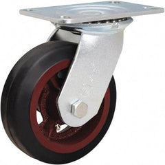 Hamilton - 6" Diam x 2" Wide x 7-1/2" OAH Top Plate Mount Swivel Caster - Rubber Mold on Cast Iron, 410 Lb Capacity, Straight Roller Bearing, 4-1/2 x 6-1/4" Plate - Exact Tool & Supply