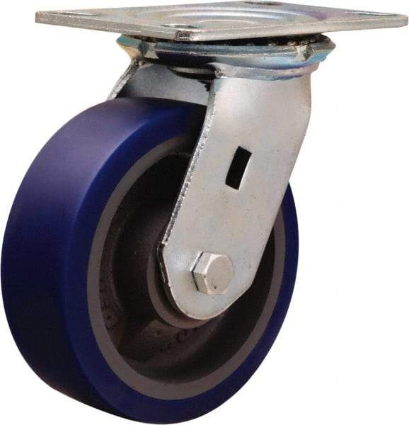 Hamilton - 6" Diam x 2" Wide x 7-1/2" OAH Top Plate Mount Swivel Caster - Polyurethane Mold onto Cast Iron Center, 960 Lb Capacity, Sealed Precision Ball Bearing, 4-1/2 x 6-1/4" Plate - Exact Tool & Supply