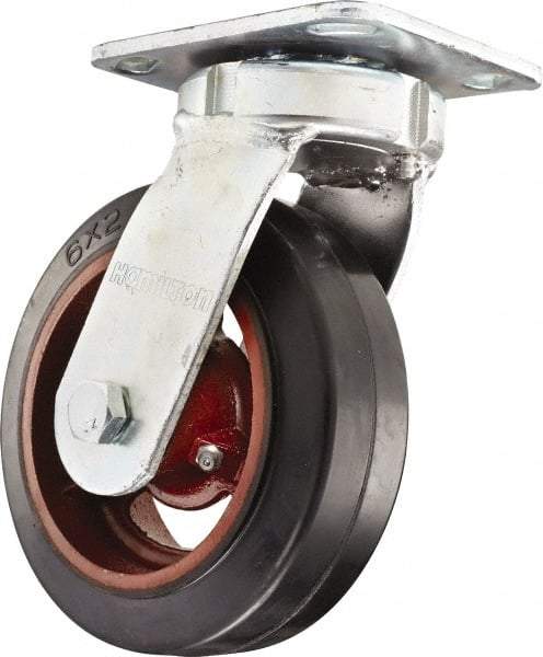 Hamilton - 6" Diam x 2" Wide x 7-1/2" OAH Top Plate Mount Swivel Caster - Rubber Mold on Cast Iron, Straight Roller Bearing, 4 x 4-1/2" Plate - Exact Tool & Supply