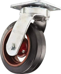 Hamilton - 6" Diam x 2" Wide x 7-1/2" OAH Top Plate Mount Swivel Caster - Rubber Mold on Cast Iron, Straight Roller Bearing, 4 x 4-1/2" Plate - Exact Tool & Supply