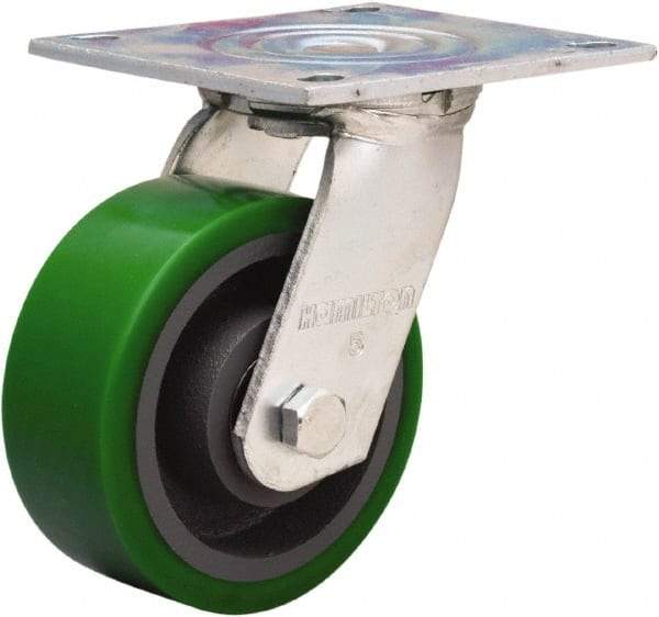 Hamilton - 5" Diam x 2" Wide x 7" OAH Top Plate Mount Swivel Caster - Polyurethane Mold onto Cast Iron Center, 1,050 Lb Capacity, Sealed Precision Ball Bearing, 4 x 4-1/2" Plate - Exact Tool & Supply