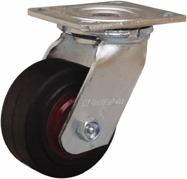 Hamilton - 4" Diam x 2" Wide x 5-5/8" OAH Top Plate Mount Swivel Caster - Rubber Mold on Cast Iron, 300 Lb Capacity, Straight Roller Bearing, 4 x 4-1/2" Plate - Exact Tool & Supply