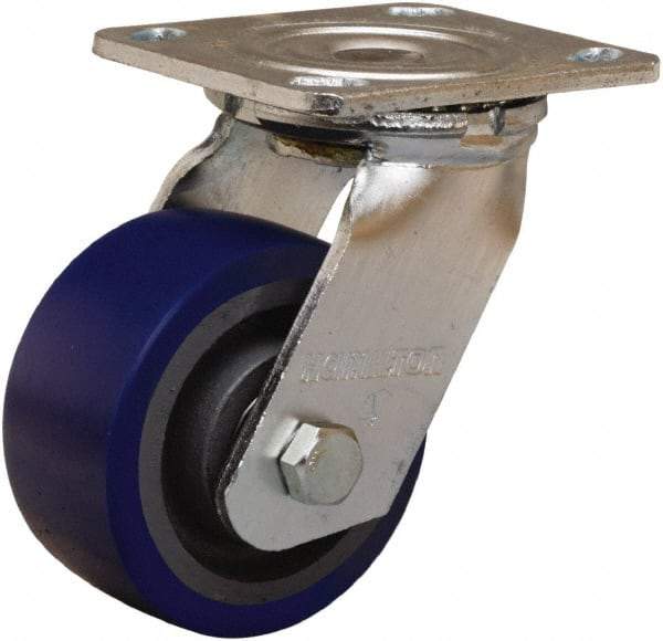 Hamilton - 4" Diam x 2" Wide x 5-5/8" OAH Top Plate Mount Swivel Caster - Polyurethane Mold onto Cast Iron Center, 600 Lb Capacity, Sealed Precision Ball Bearing, 4 x 4-1/2" Plate - Exact Tool & Supply