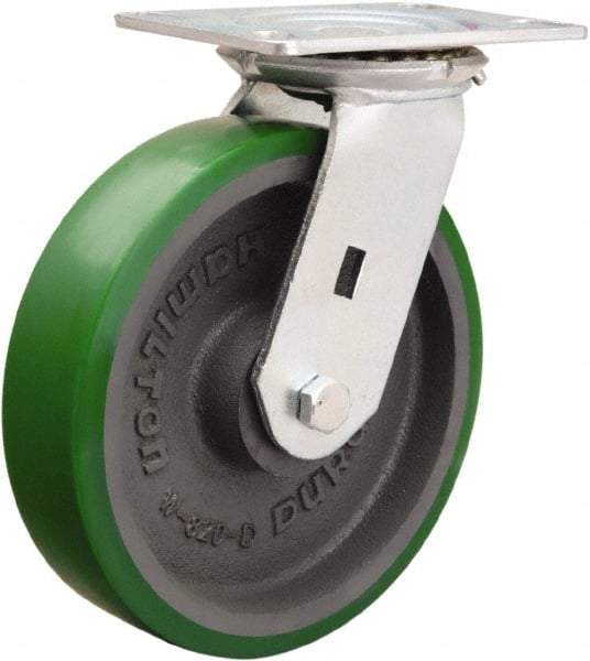 Hamilton - 8" Diam x 2" Wide x 9-1/2" OAH Top Plate Mount Swivel Caster - Polyurethane Mold onto Cast Iron Center, 1,500 Lb Capacity, Sealed Precision Ball Bearing, 4-1/2 x 6-1/4" Plate - Exact Tool & Supply